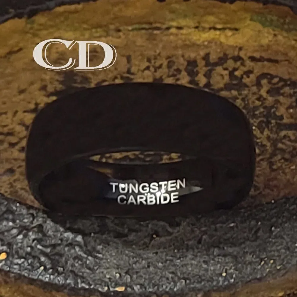 Men's Real Black Tungsten Wedding Band Dome Design Durable Black Coating